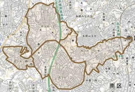 六ツ川とその周辺の地図。町の範囲を重ねている