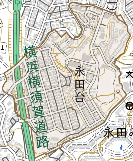 永田台とその周辺の地図。町の範囲を重ねている