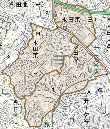永田東とその周辺の地図。町の範囲を重ねている