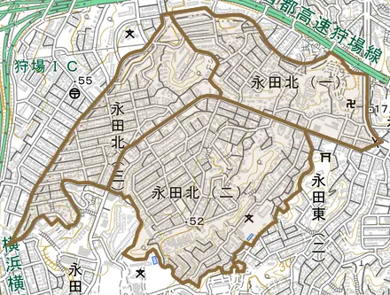 永田北とその周辺の地図。町の範囲を重ねている