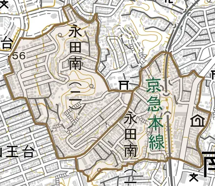 永田南とその周辺の地図。町の範囲を重ねている
