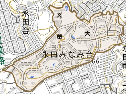 永田みなみ台とその周辺の地図。町の範囲を重ねている