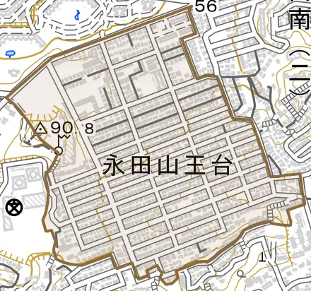 永田山王台とその周辺の地図。町の範囲を重ねている