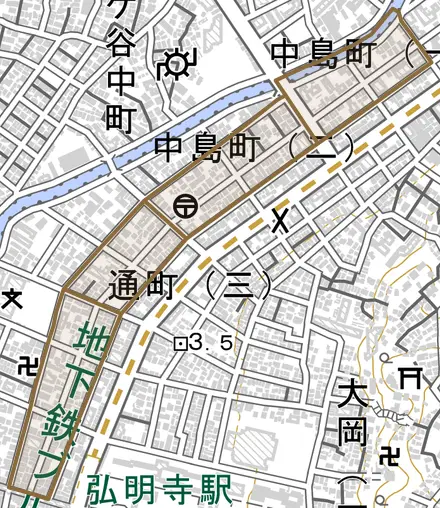中島町とその周辺の地図。町の範囲を重ねている