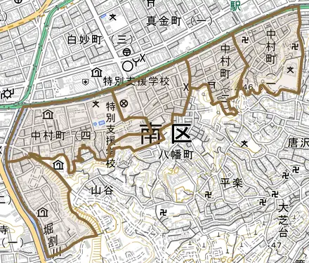 中村町とその周辺の地図。町の範囲を重ねている