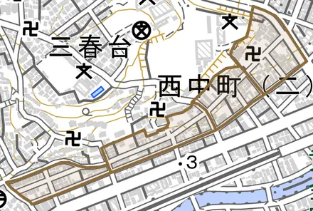 西中町とその周辺の地図。町の範囲を重ねている