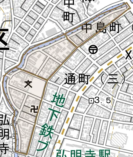大橋町とその周辺の地図。町の範囲を重ねている