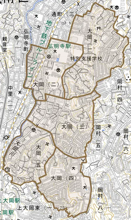大岡とその周辺の地図。町の範囲を重ねている