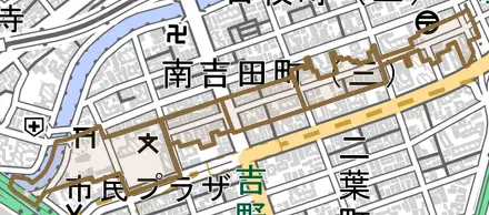 山王町とその周辺の地図。町の範囲を重ねている