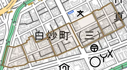 白妙町とその周辺の地図。町の範囲を重ねている