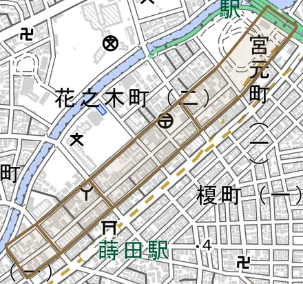 宿町とその周辺の地図。町の範囲を重ねている