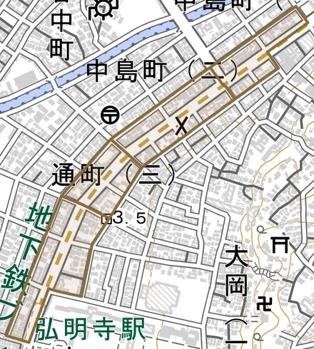 通町とその周辺の地図。町の範囲を重ねている