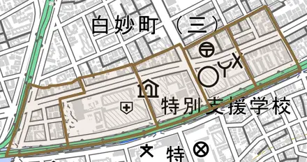 浦舟町とその周辺の地図。町の範囲を重ねている