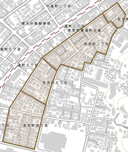 若宮町とその周辺の地図。町の範囲を重ねている