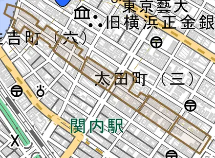 相生町とその周辺の地図。町の範囲を重ねている