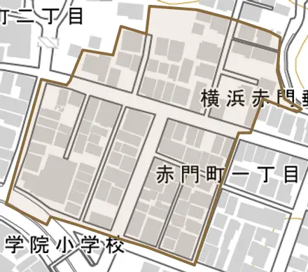 赤門町とその周辺の地図。町の範囲を重ねている