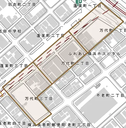 万代町とその周辺の地図。町の範囲を重ねている