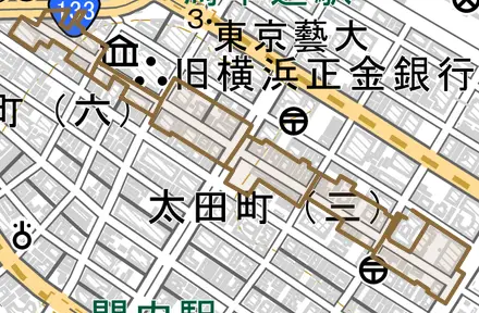 弁天通とその周辺の地図。町の範囲を重ねている