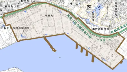 千鳥町とその周辺の地図。町の範囲を重ねている