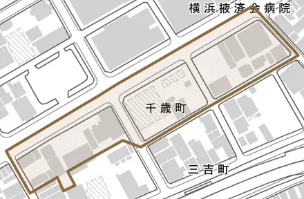 千歳町とその周辺の地図。町の範囲を重ねている