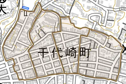 千代崎町とその周辺の地図。町の範囲を重ねている