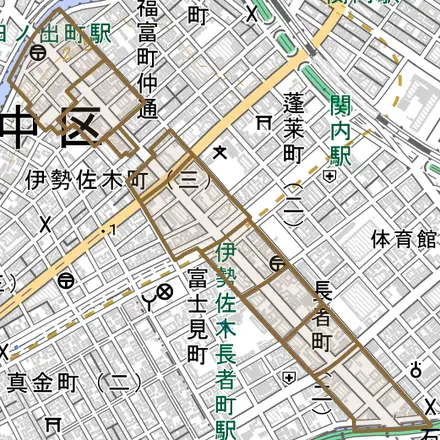 長者町とその周辺の地図。町の範囲を重ねている