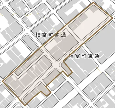 福富町東通とその周辺の地図。町の範囲を重ねている