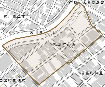 福富町西通とその周辺の地図。町の範囲を重ねている