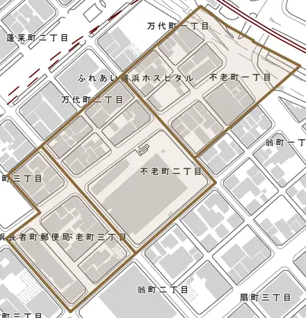 不老町とその周辺の地図。町の範囲を重ねている