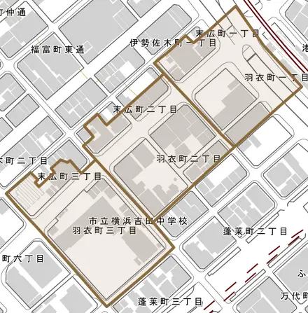 羽衣町とその周辺の地図。町の範囲を重ねている
