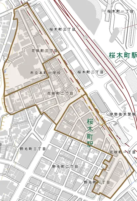 花咲町とその周辺の地図。町の範囲を重ねている