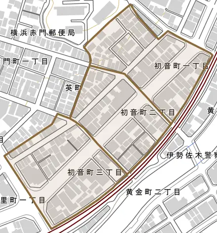 初音町とその周辺の地図。町の範囲を重ねている