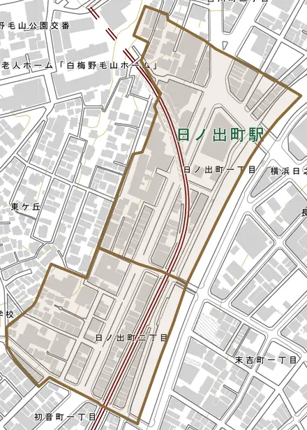日ノ出町とその周辺の地図。町の範囲を重ねている
