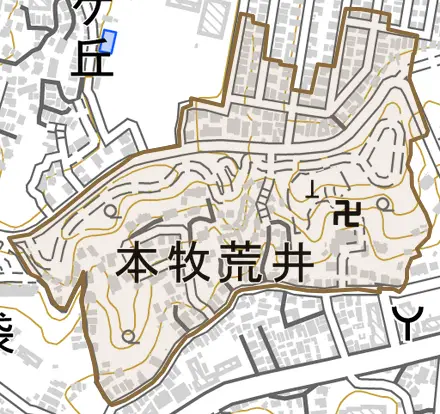 本牧荒井とその周辺の地図。町の範囲を重ねている