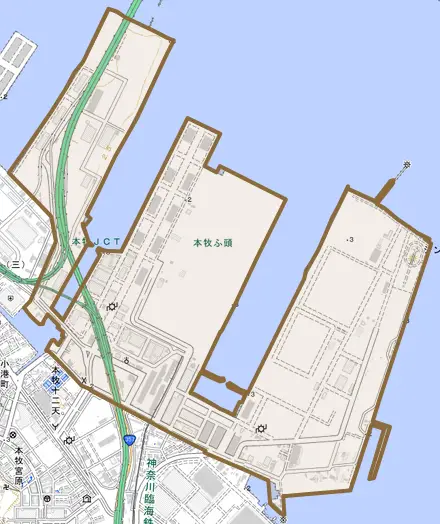 本牧ふ頭とその周辺の地図。町の範囲を重ねている