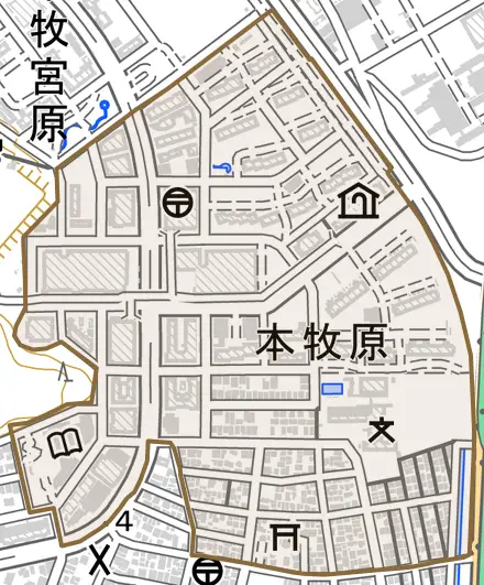 本牧原とその周辺の地図。町の範囲を重ねている