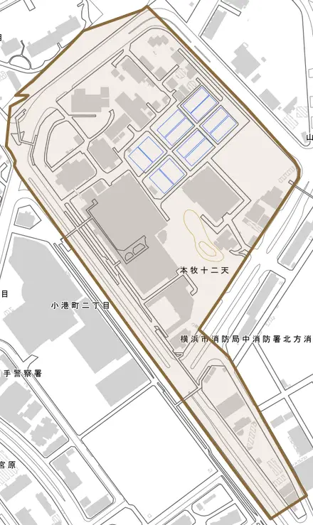 本牧十二天とその周辺の地図。町の範囲を重ねている
