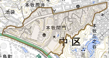 本牧間門とその周辺の地図。町の範囲を重ねている
