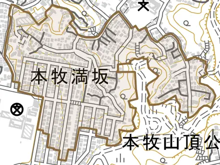 本牧満坂とその周辺の地図。町の範囲を重ねている
