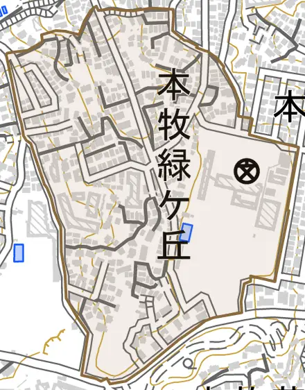 本牧緑ケ丘とその周辺の地図。町の範囲を重ねている