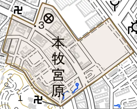 本牧宮原とその周辺の地図。町の範囲を重ねている