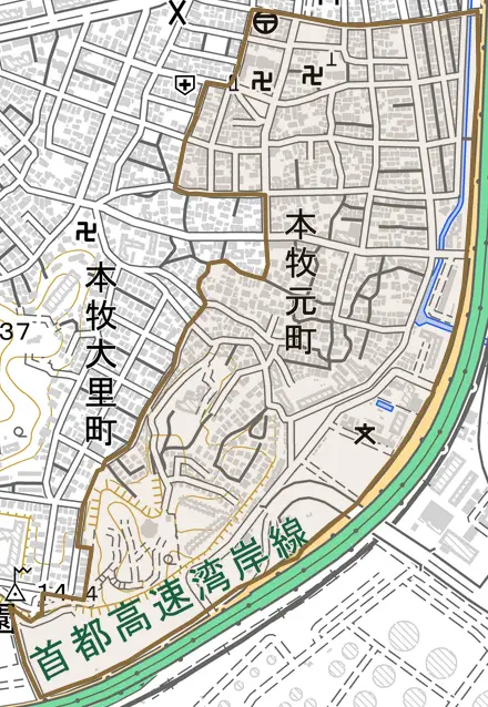 本牧元町とその周辺の地図。町の範囲を重ねている