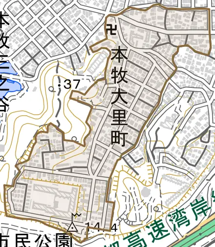 本牧大里町とその周辺の地図。町の範囲を重ねている
