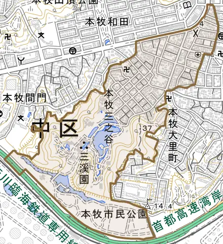 本牧三之谷とその周辺の地図。町の範囲を重ねている
