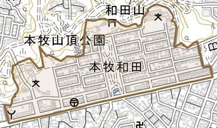 本牧和田とその周辺の地図。町の範囲を重ねている