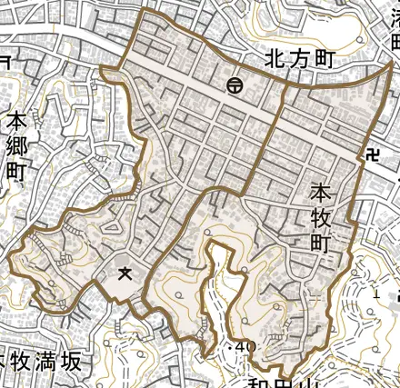 本牧町とその周辺の地図。町の範囲を重ねている