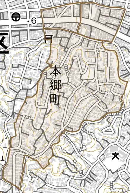 本郷町とその周辺の地図。町の範囲を重ねている