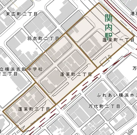 蓬莱町とその周辺の地図。町の範囲を重ねている