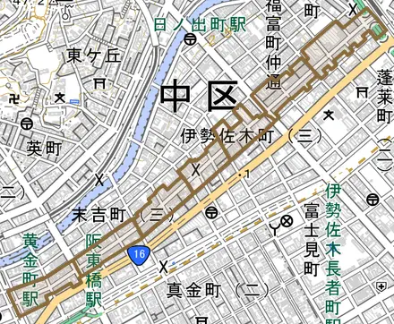 伊勢佐木町とその周辺の地図。町の範囲を重ねている