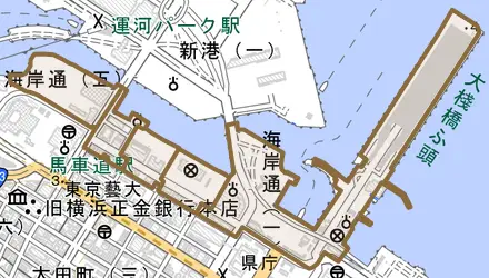 海岸通とその周辺の地図。町の範囲を重ねている